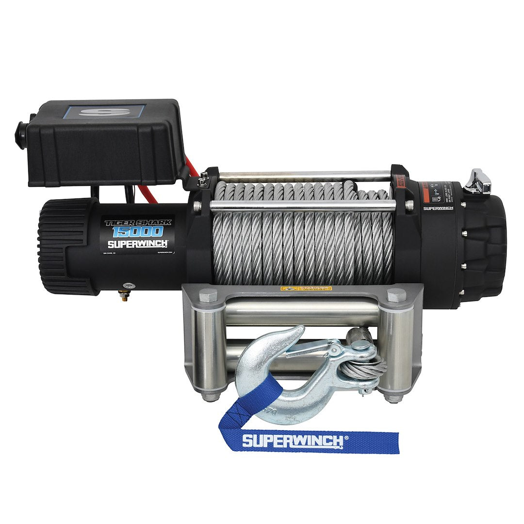 Superwinch 1515000 Tiger Shark 15000 12V Dc Winch 15,000Lb/6804Kg Single Line Pull With Roller Fairlead, 29/64' X 92' Steel Wire Rope, Corded Handheld Remote