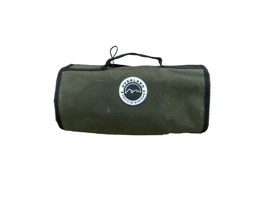 Overland Vehicle Systems Recovery Wrap Storage Bag - #16 Waxed Canvas - Infused With Paraffin Wax Waterproofing - 2 Storage Pouches For Shackles -1 Pouch For Snatch Block - 1 Buckle For Tow Straps