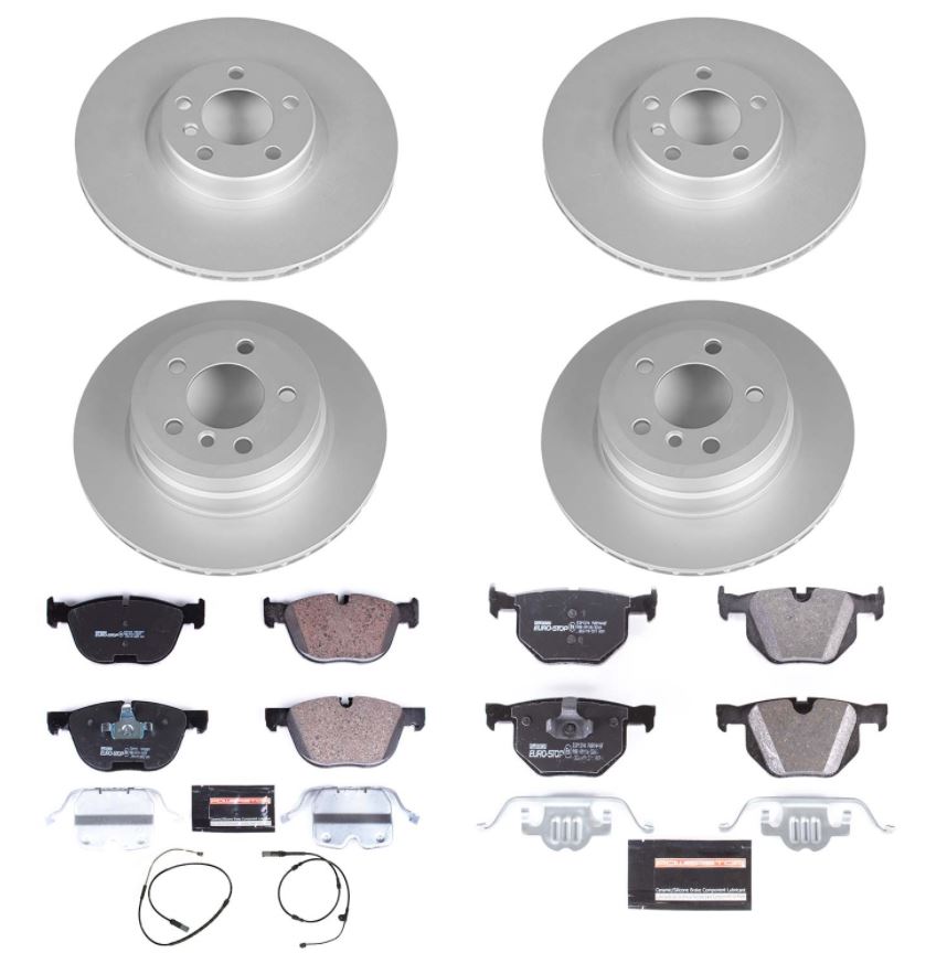 Power Stop Esk7996 Euro-Stop Front And Rear Brake Kit- Coated Brake Rotors & Ceramic Brake Pads And 1 Front & 1 Rear Sensor Wires