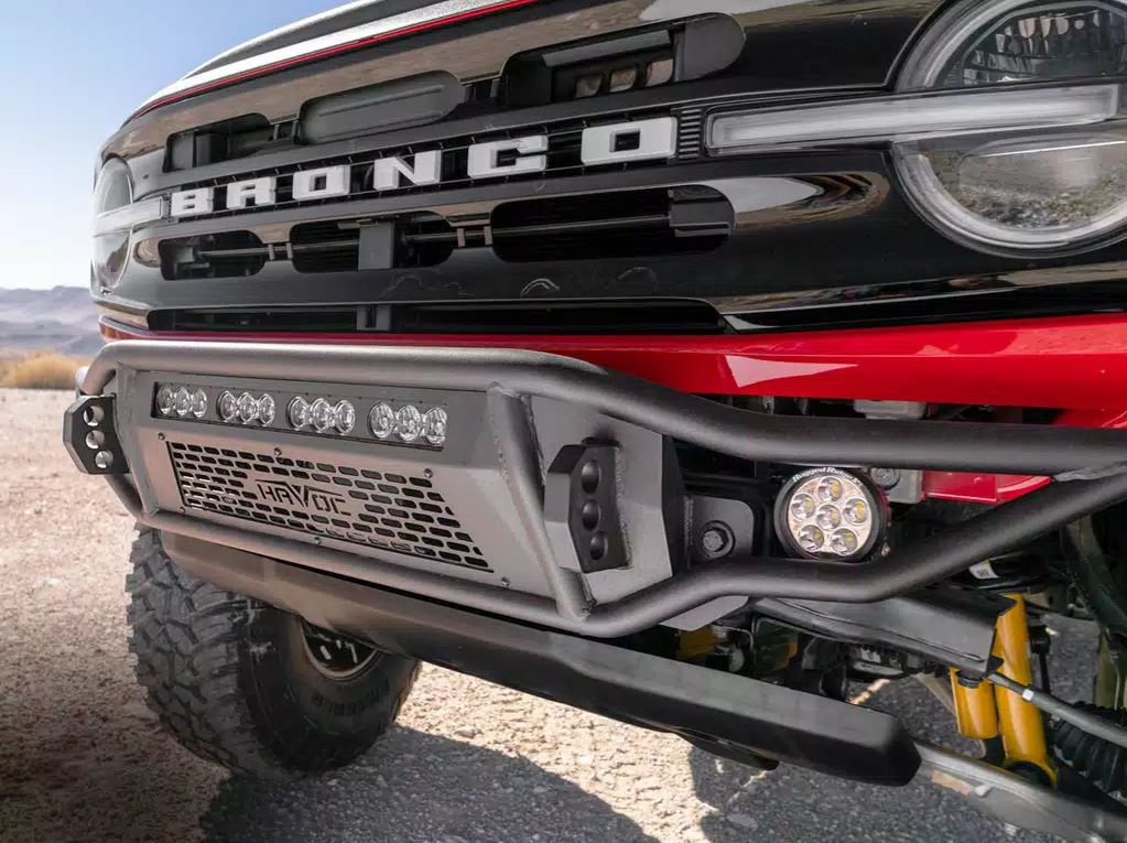 HAVOC OFFROAD Metal Mash Front Bumper for 2021-2025 Ford Bronco, Baja Style, LED Light Mounts, Satin Black, HFB-02-002