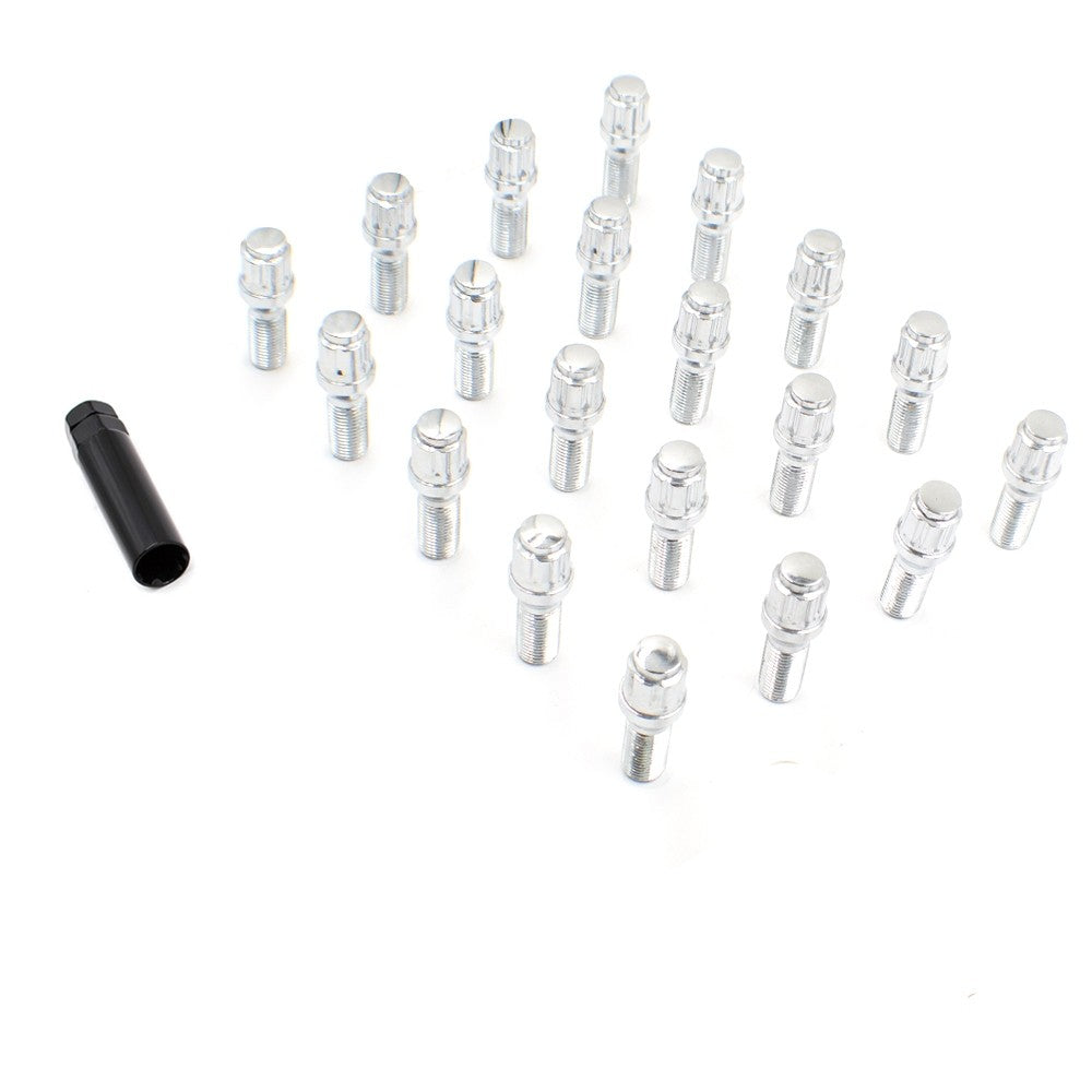 Wheel Accessories Parts Set Of 20 Chrome 14X1.5 Lug Bolts Locking Spline Conical Seat With 28 Mm Shank Length Small Diameter Lug Bolt With Dual Hex Key For Aftermarket Wheels