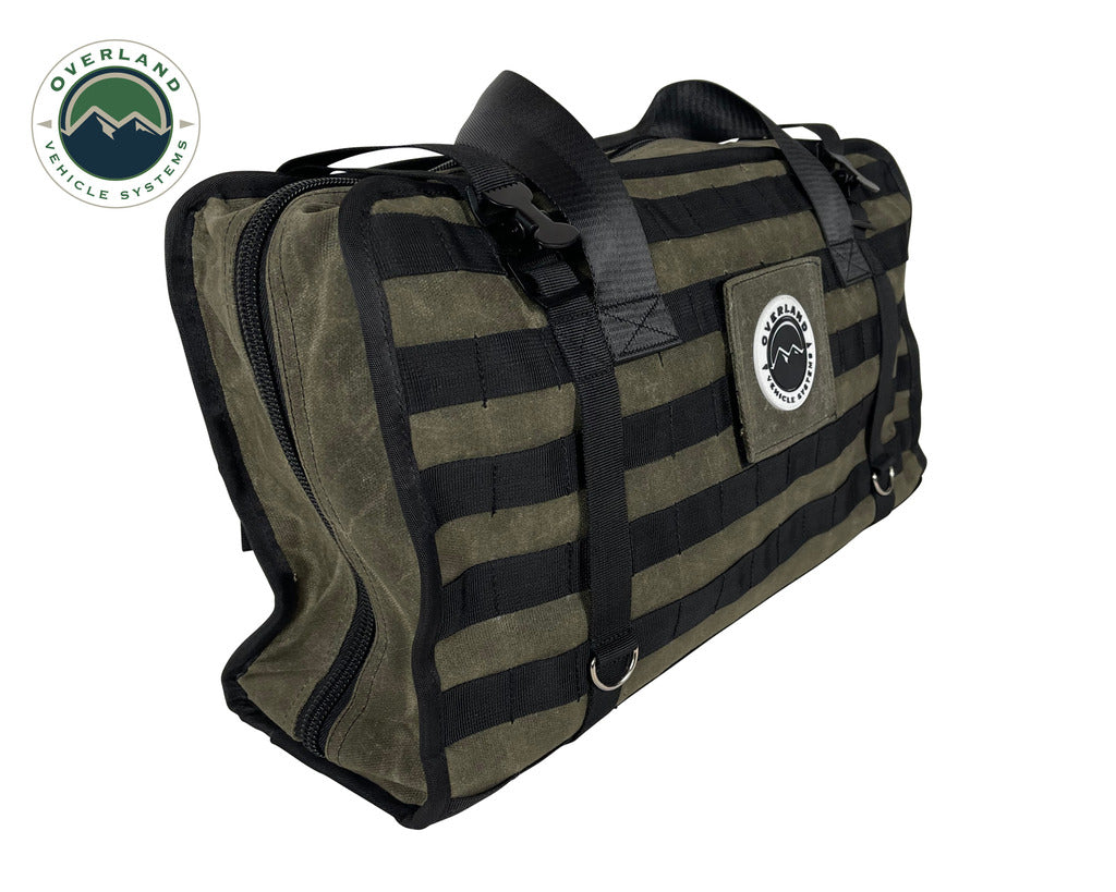 Overland Vehicle Systems Large Recovery Bag With Handle & Straps - #16 Waxed Canvas Storage - Infused With Paraffin Wax Waterproofing - Two Heavy Duty Alligator Buckles And Industrial Nylon Handle