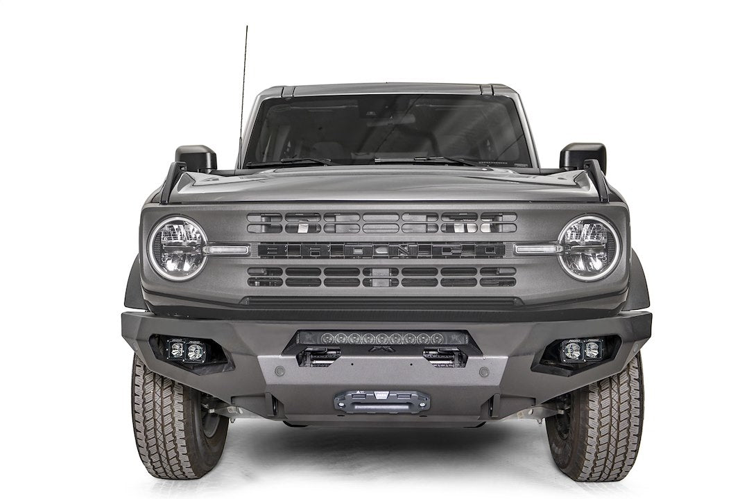 Fab Fours Front Replacement Bumper for Ford Bronco, Model FB21-X5251-1, Black Alloy Steel