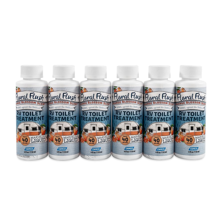 Camco 41481 Floral Flush Rv Toilet Treatment Singles, Orange Blossom Scent - Eliminates Odors And Breaks Down Waste - Each Bottle Treats Up To 40-Gallons - Contains (6) 4 Oz. Bottles