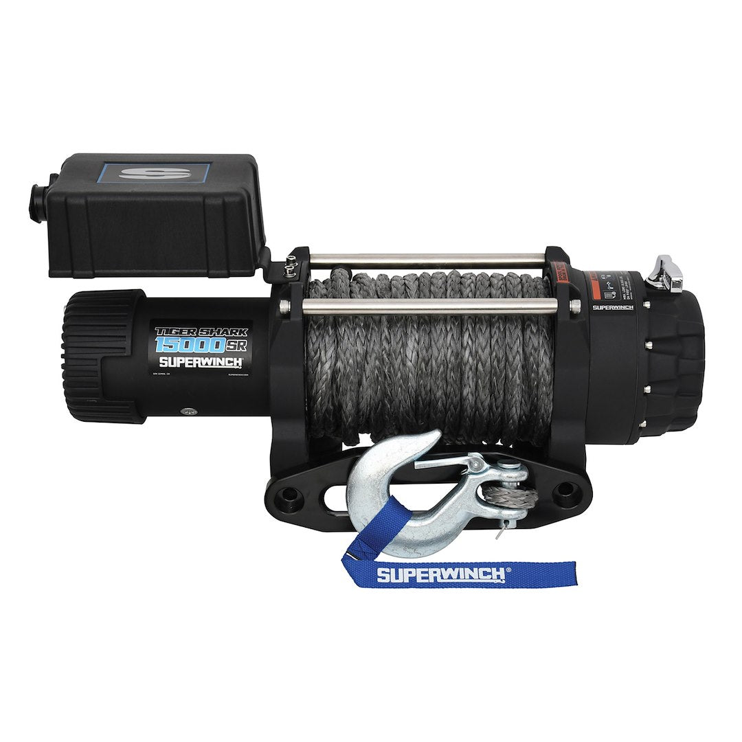 Superwinch 1515001 Tiger Shark 15000Sr 12V Dc Winch 15,000Lb/6804Kg Single Line Pull With Hawse Fairlead, 15/32' X 78' Synthetic Rope, Corded Handheld Remote
