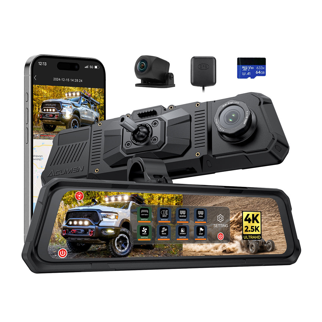 The Legend 2CH Waterproof Mirror Dash Cam, 4K+2.5K