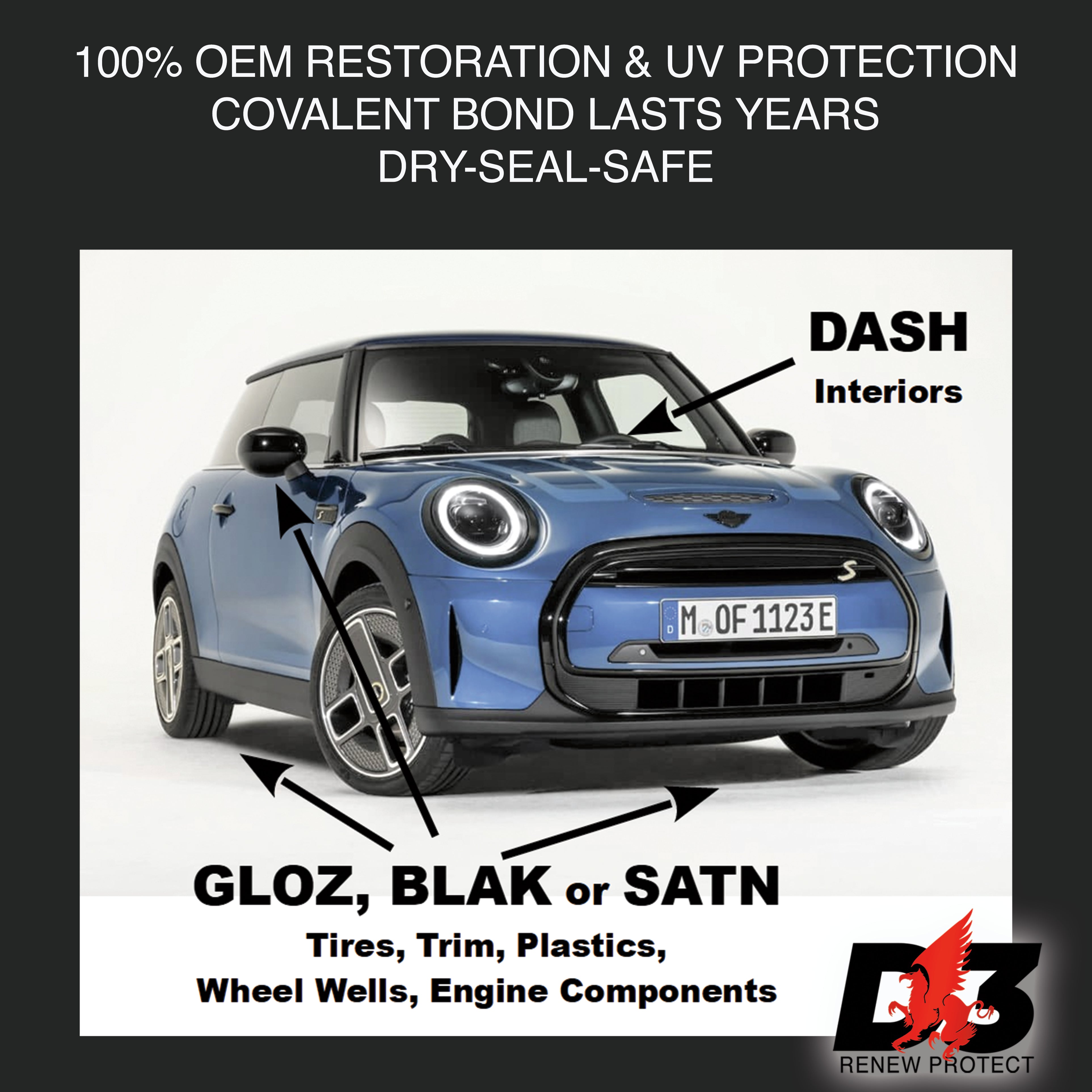 DASH - Permanent Interior Protectant & Dash Repair, Low-Glare Dry Seal & UV Block for Car Dash, Plastics, Coated Leather, Vinyl (1.2 oz per auto)