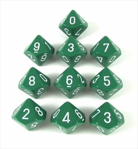 Chessex Manufacturing 26205 Opaque Green With White - Ten Sided Die D10 Set Of 10