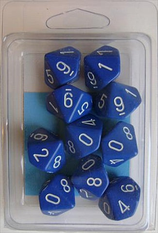 Chessex Manufacturing 26206 Opaque Blue With White - Ten Sided Die D10 Set Of 10