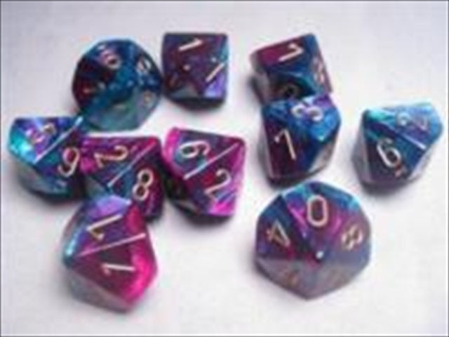 Chessex Manufacturing 26249 D10 Clamshell Gemini Set Of 10 Dice - Pu & Teal With Gold Numbering