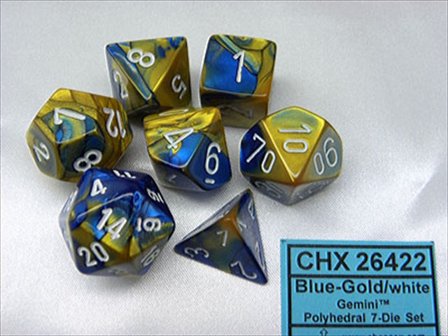Chessex Manufacturing 26422 Cube Gemini Set Of 7 Dice - Blue & Gold With White Numbering