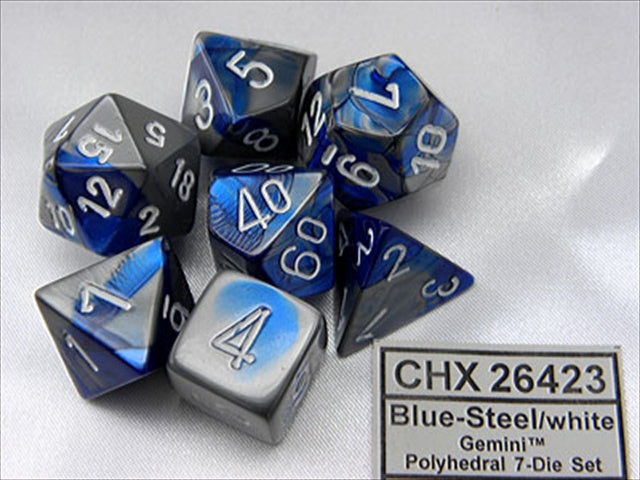 Chessex Manufacturing 26423 Cube Gemini Set Of 7 Dice - Blue & Silver With White Numbering