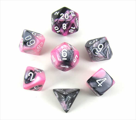 Chessex Manufacturing 26430 Cube Gemini Set Of 7 Dice - Black & Pink With White Numbering