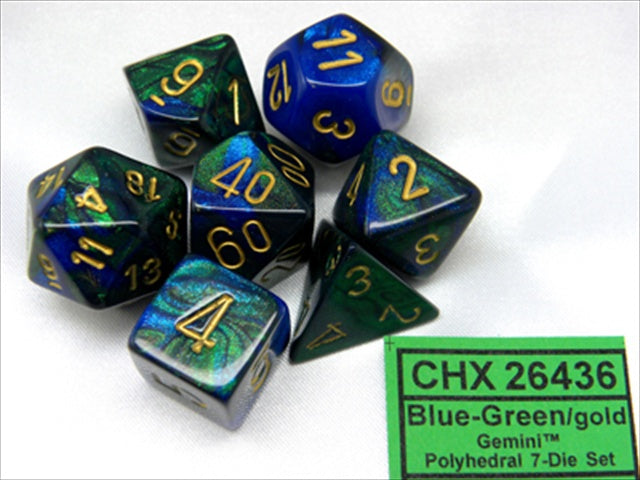Chessex Manufacturing 26436 Cube Gemini Set Of 7 Dice - Blue & Green With Gold Numbering