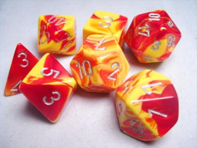 Chessex Manufacturing 26450 Cube Gemini Set Of 7 Dice - Red & Yellow With Silver Numbering