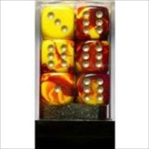 Chessex Manufacturing 26650 D6 Cube Gemini Set Of 12 Dice- 16 Mm - Red & Yellow With Silver Numbering