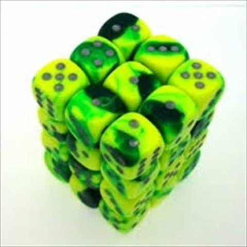 Chessex Manufacturing 26854 D6 Cube Gemini Set Of 36 Dice  12 Mm - Green & Yellow With Silver Numbering