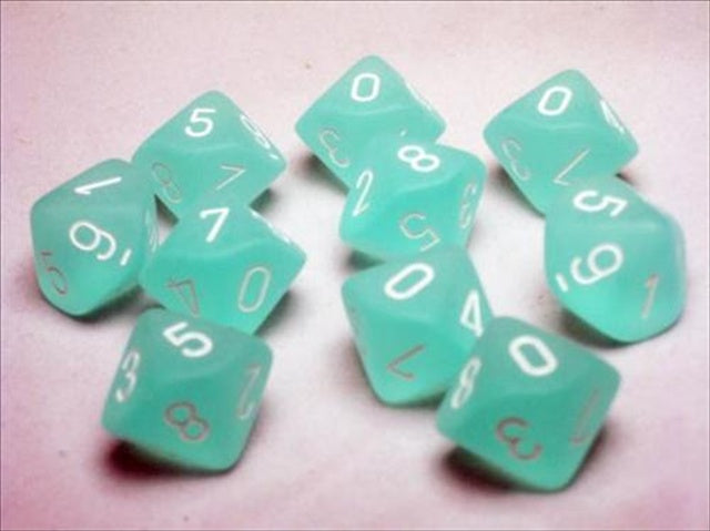 Chessex Manufacturing 27205 D10 Clamshell Set Of 10 Dice - Frosted Teal With White Numbering