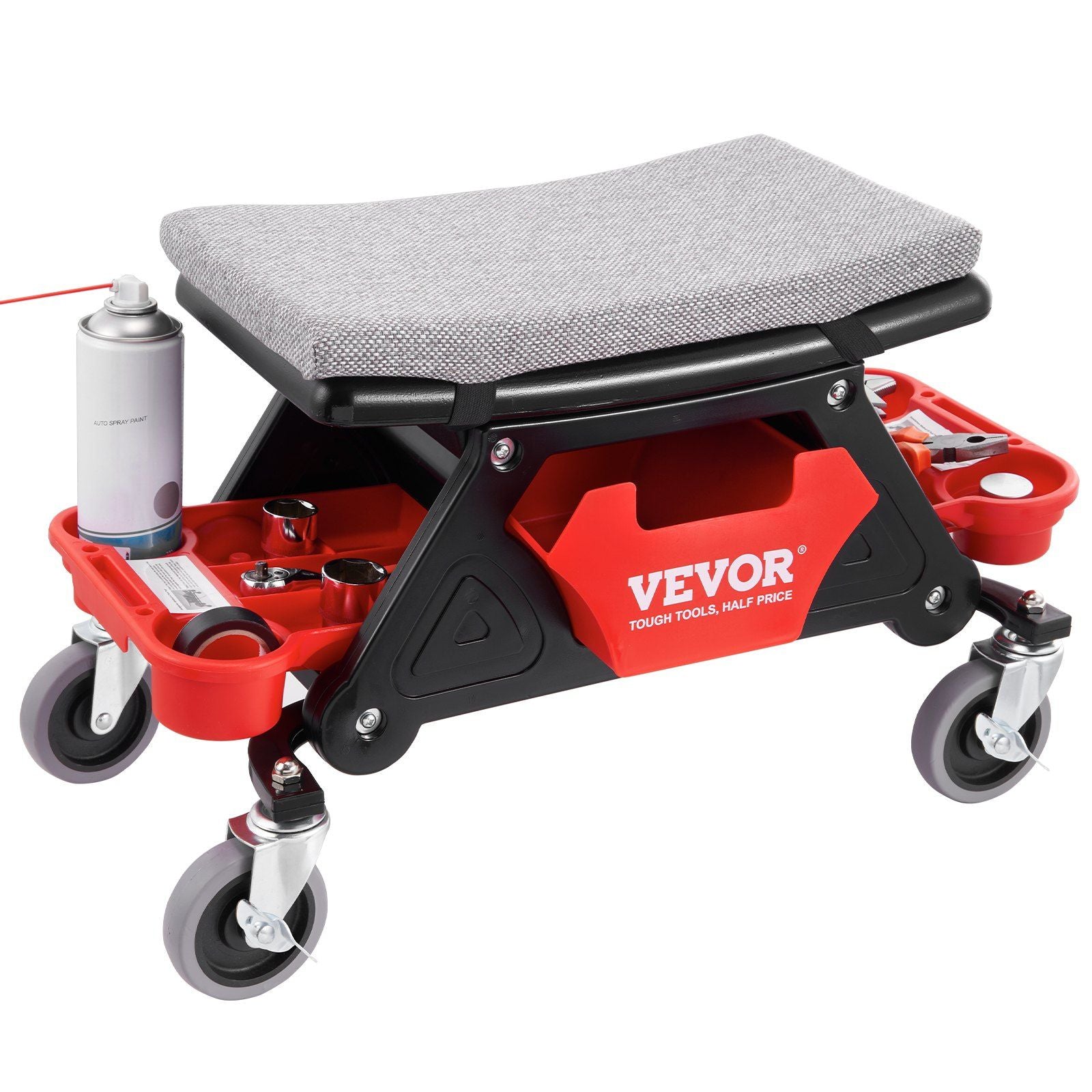 VEVOR Mechanics Stool, 300 LBS Capacity Rolling Mechanic Seat with 4'' Wheels, with Three Slide Out Tool Trays and Drawer, Heavy