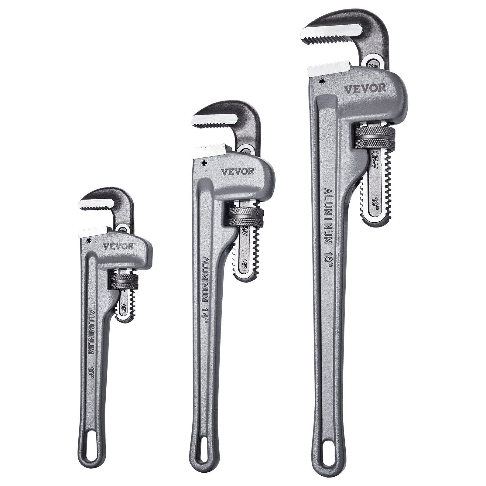 VEVOR 3-Piece Pipe Wrench Set, 10 14 18 Aluminum Straight Pipe Wrench, Adjustable Plumbing Wrench, with High Strength Jaw and Er
