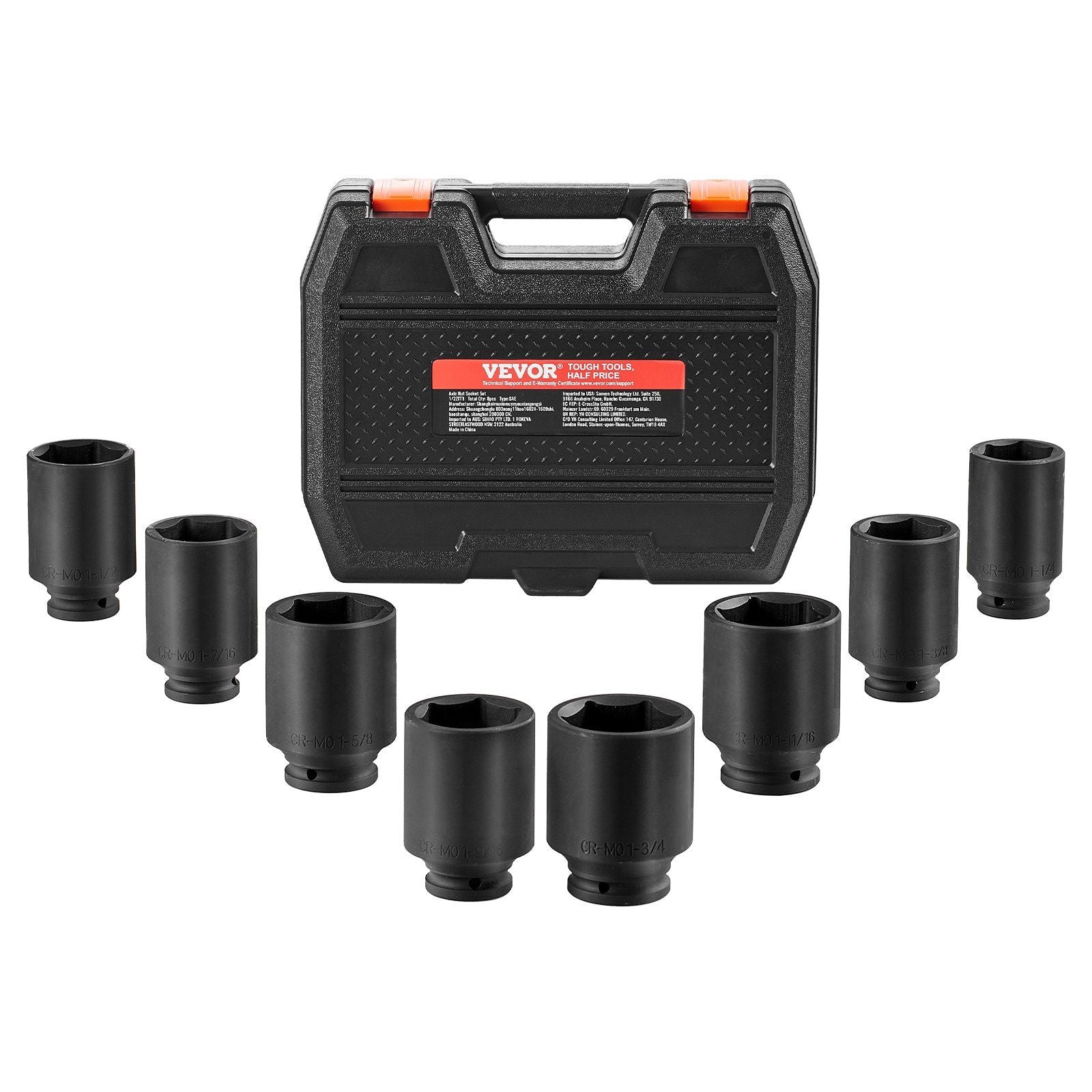 VEVOR Axle Nut Impact Socket Set 1/2 Drive Deep 12-Point 8PCS Metric Nut Socket