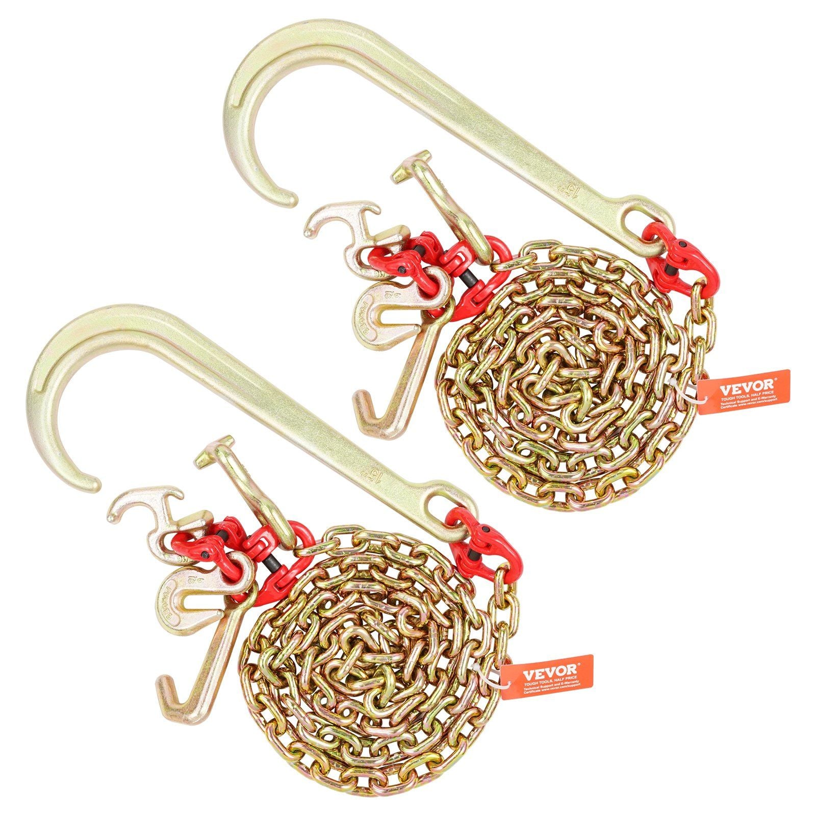 VEVOR 2PCS 5/16''x6' G80 Tow Chain 15'' J Hook Long Shank RTJ & Grab Hooks Wrecker