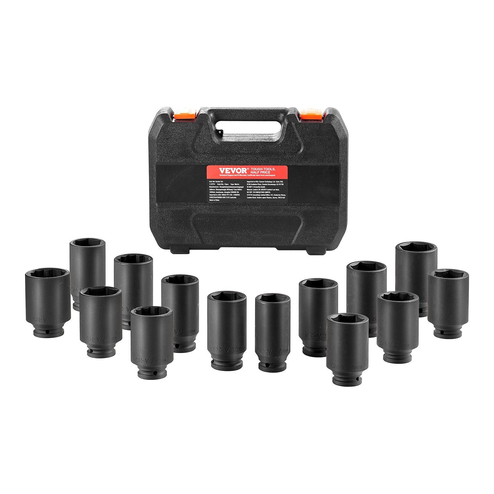 VEVOR Axle Nut Impact Socket Set 1/2 Drive Deep 6+12-Point 14PCS Metric Socket