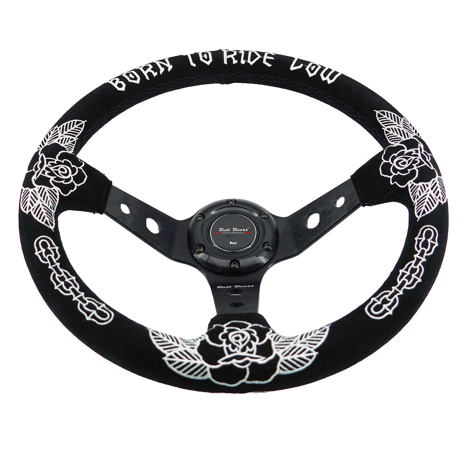 Custom Rose Universal 350mm 3" Deep Dish 6-Bolt Steering Wheel Black Suede Alcantara