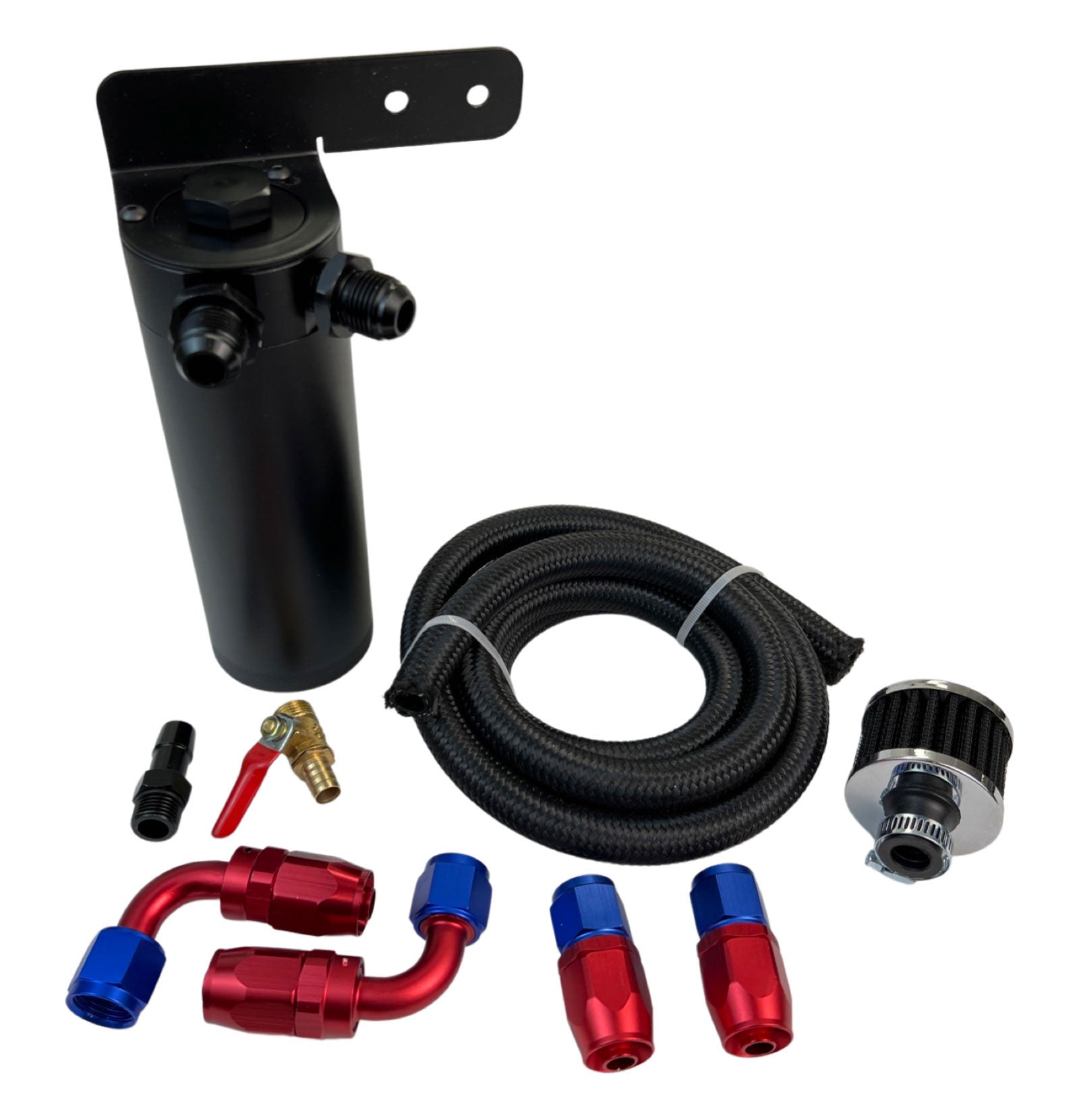 Red Universal Oil Catch Can XL 2Port -6AN + Mounting Bracket Kit + Filter 7.50z