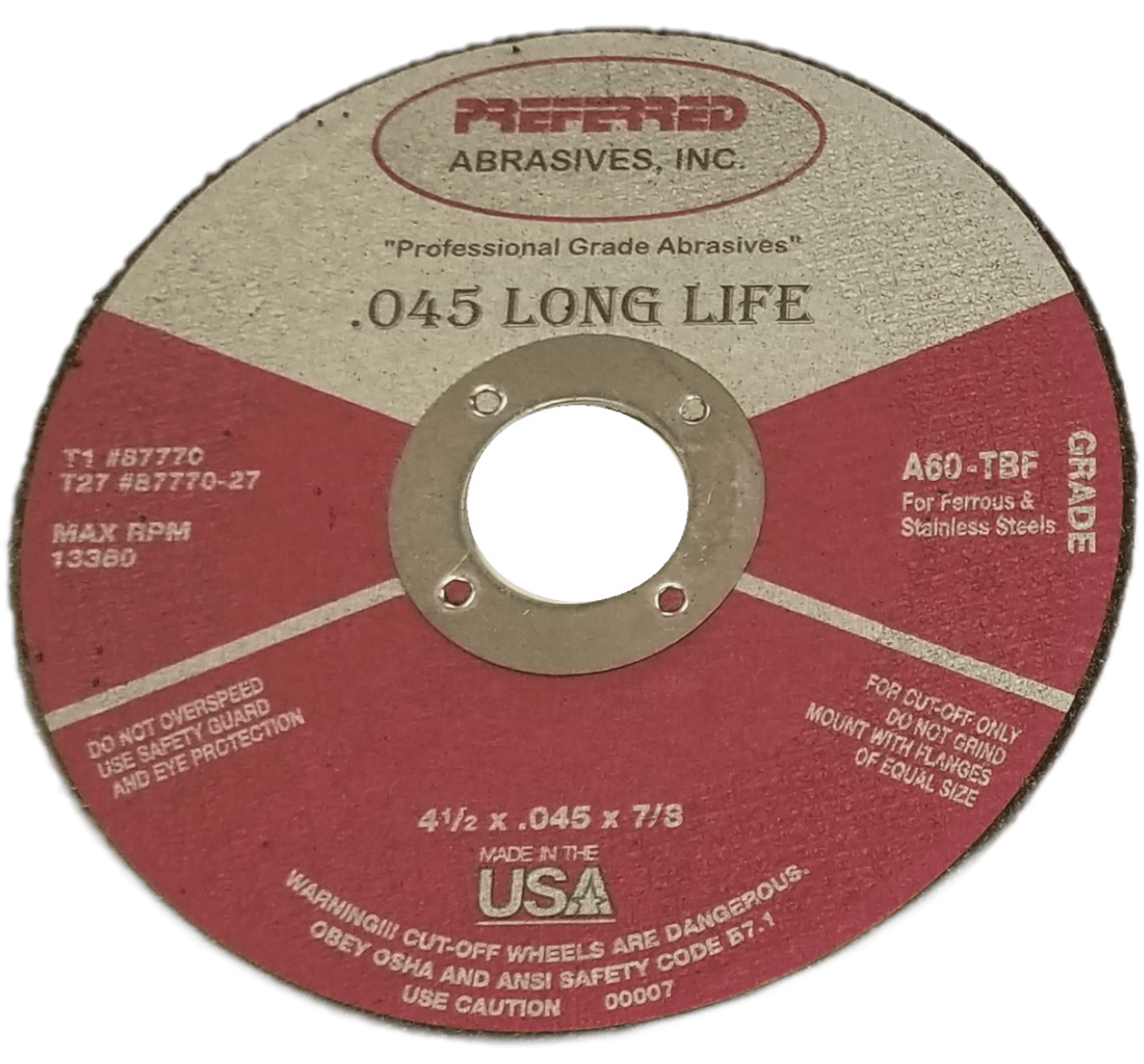 Preferred Abrasives Reinforced Cut-Off Wheel A60-TBF Type 1 Grit 87781