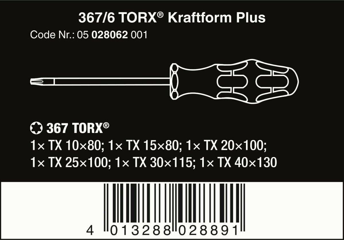 Wera 367/6 Kraftform Plus TORX® Screwdriver Set With Rack 6 Piece 05028062001