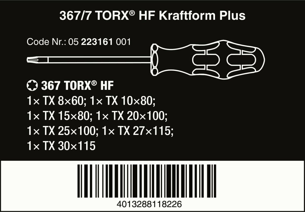 Wera 367/7 HF Kraftform Plus TORX® Screwdriver Set With Rack 7 Piece 05223161001