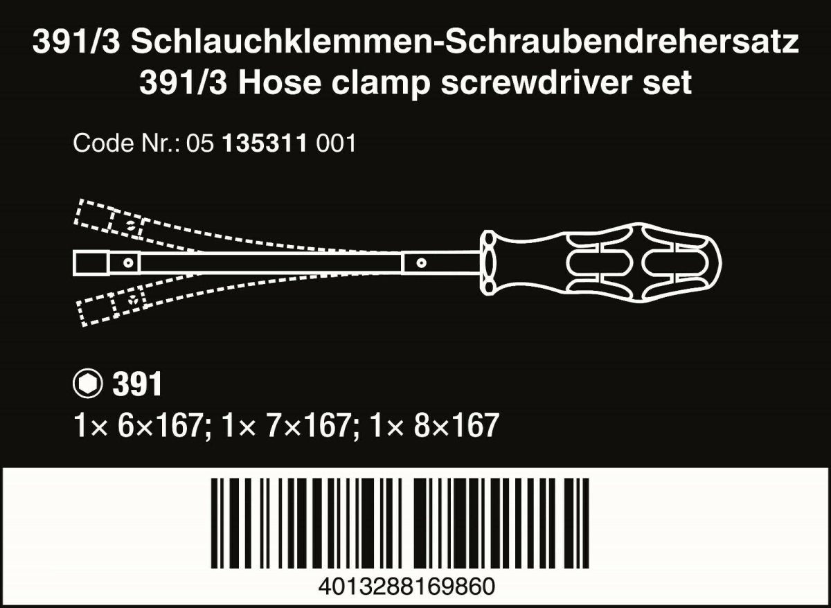 Wera 391/3 Kraftform Plus Flexible Nut Driver Set 3 Piece Metric 05135311001