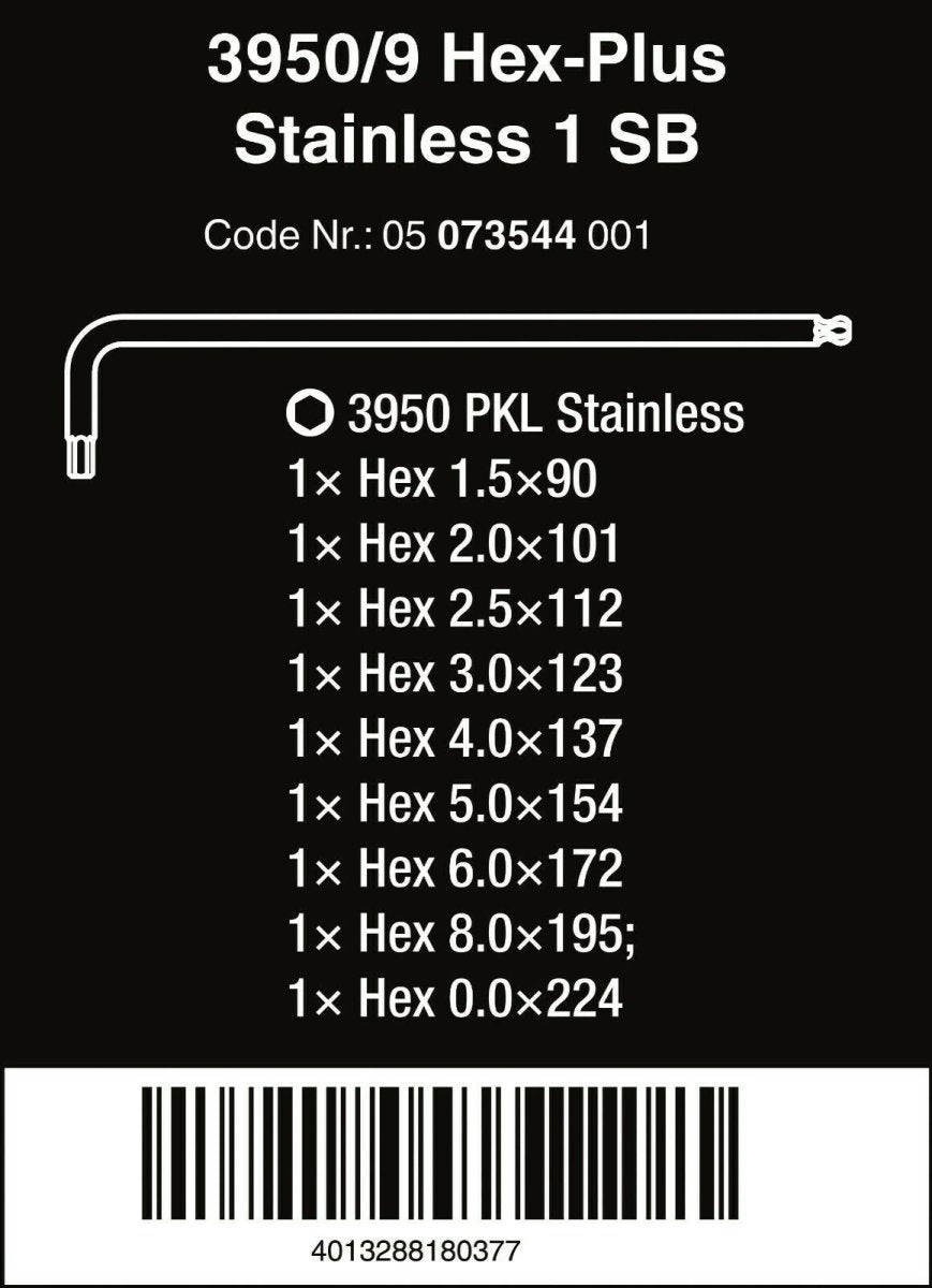 Wera 3950/9 Hex-Plus 1 SB Stainless Steel L-Key Set Metric 9 Pieces 05073544001