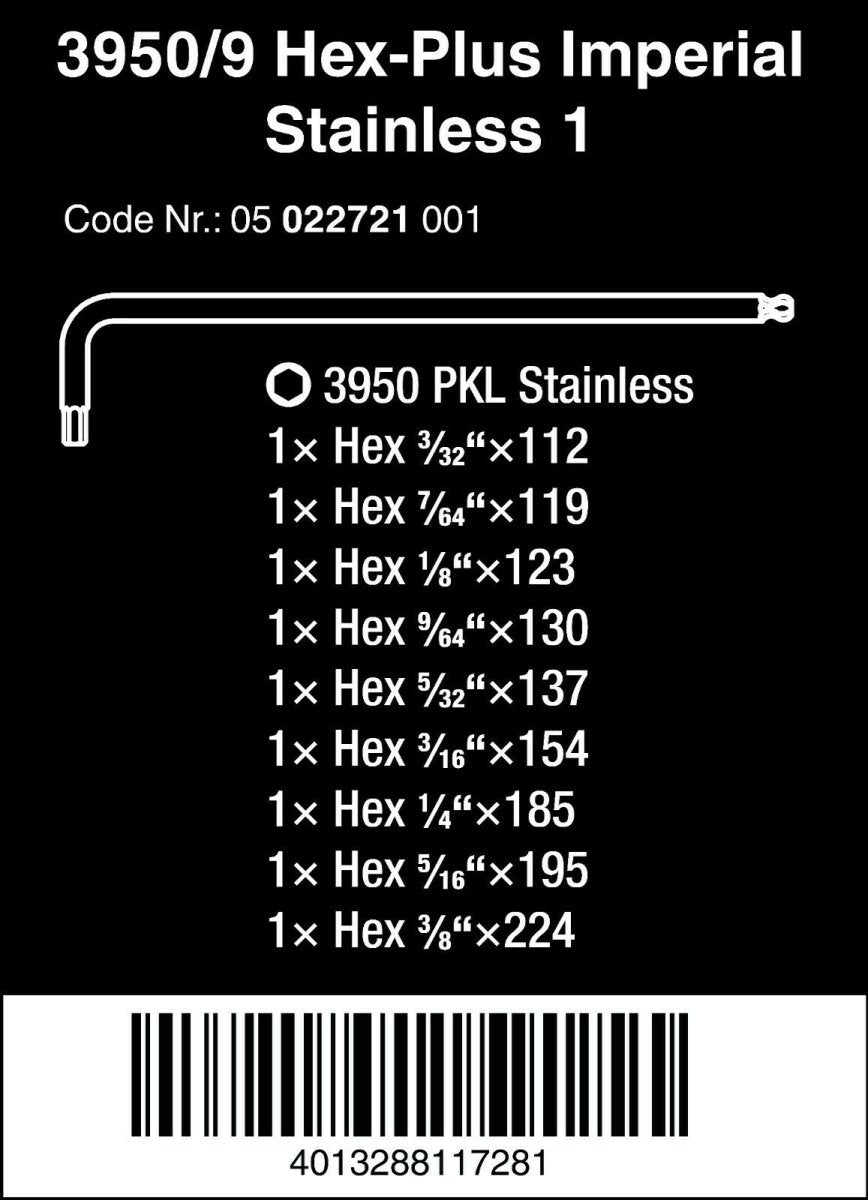 Wera 3950/9 Hex-Plus Stainless Steel L-Key Set Imperial 05022721001