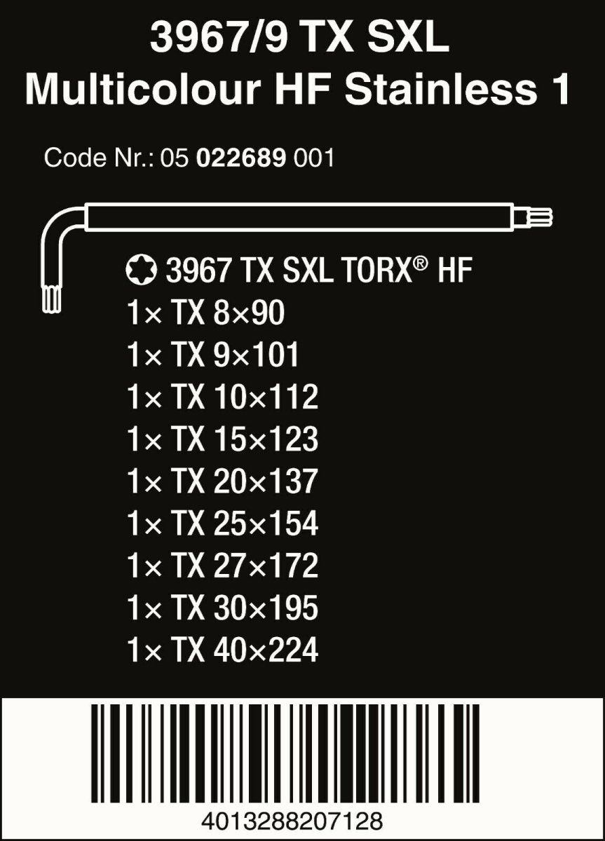 Wera 3967/9 TX SXL Multicolour HF Stainless 1 TORX® L-Key Set 05022689001