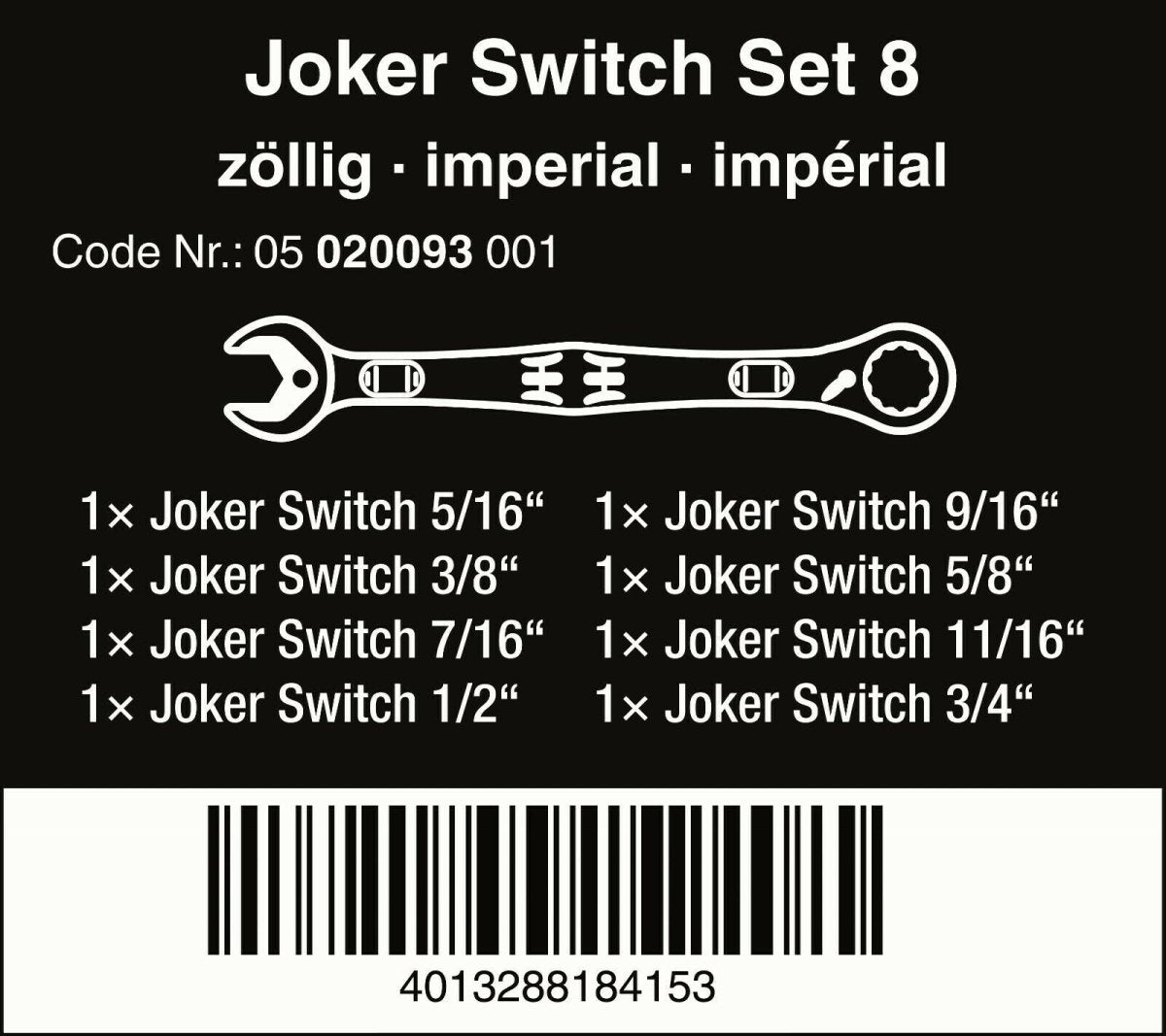 Wera 6001 Joker Switch Ratcheting Combination Wrench Set 8 Piece SAE 05020093001
