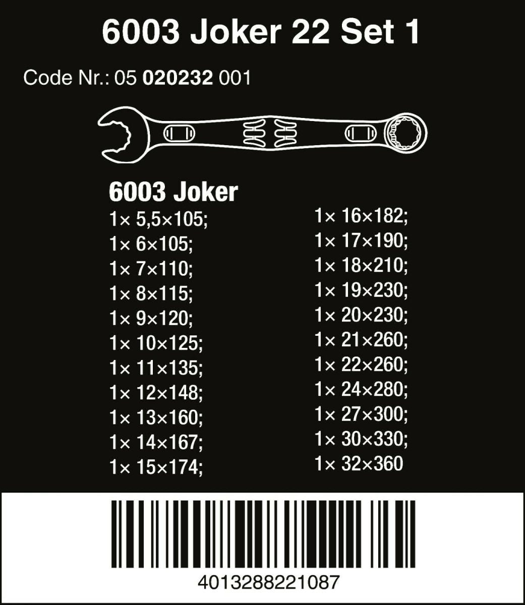 Wera 6003 Joker 22 Set 1 Combination Wrench Set 22 Piece Metric 05020232001