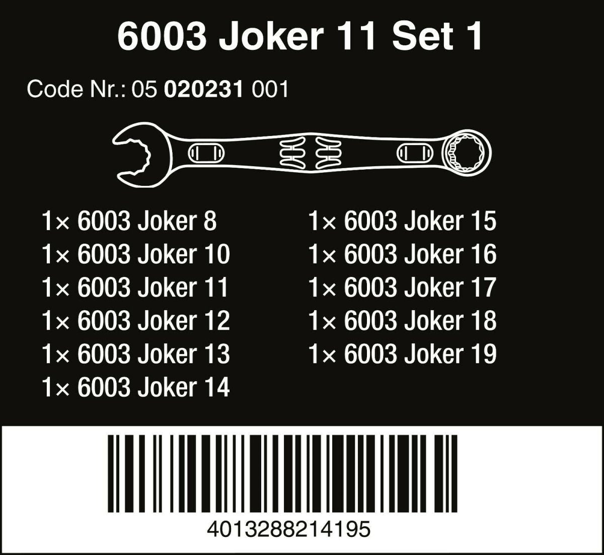 Wera 6003 Joker Combination Wrench Set 11 Piece Metric 05020231001