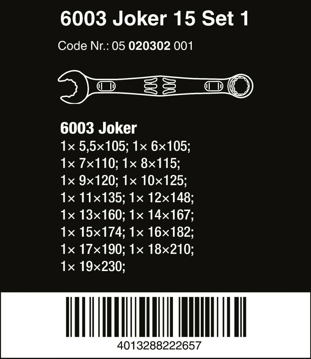 Wera 6003 Joker Combination Wrench Set 15 Piece Metric 05020302001