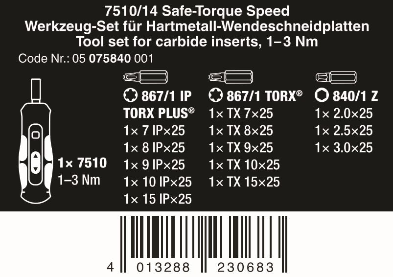 Wera 7510/14 Safe-Torque Speed Tool Carbide Inserts Screwdriver Set 05075840001