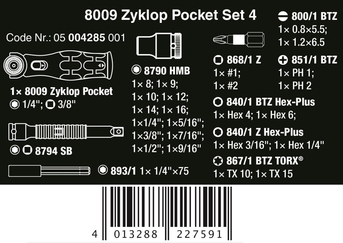 Wera 8009 Zyklop Pocket Set 4 Socket Wrench Set 3/8" Drive SAE 05004285001
