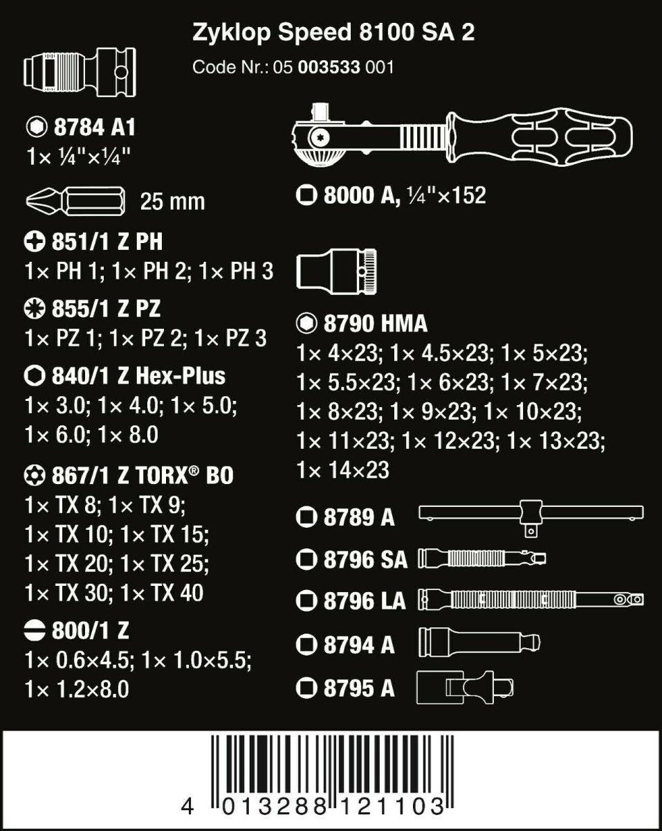 Wera 8100 SA 2 Zyklop Socket Wrench Set 1/4" Drive Metric 42 Pieces 05003533001