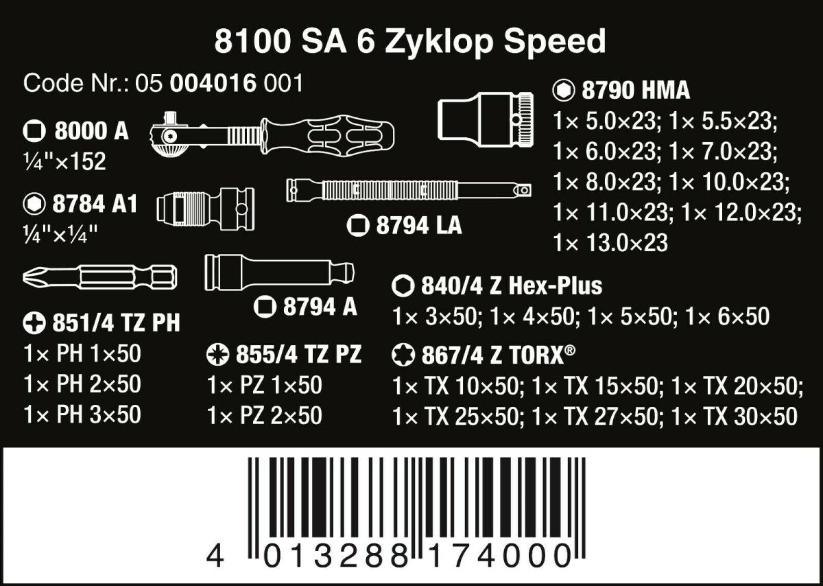 Wera 8100 SA 6 Zyklop Speed Ratchet Set 1/4" Drive Metric 05004016001