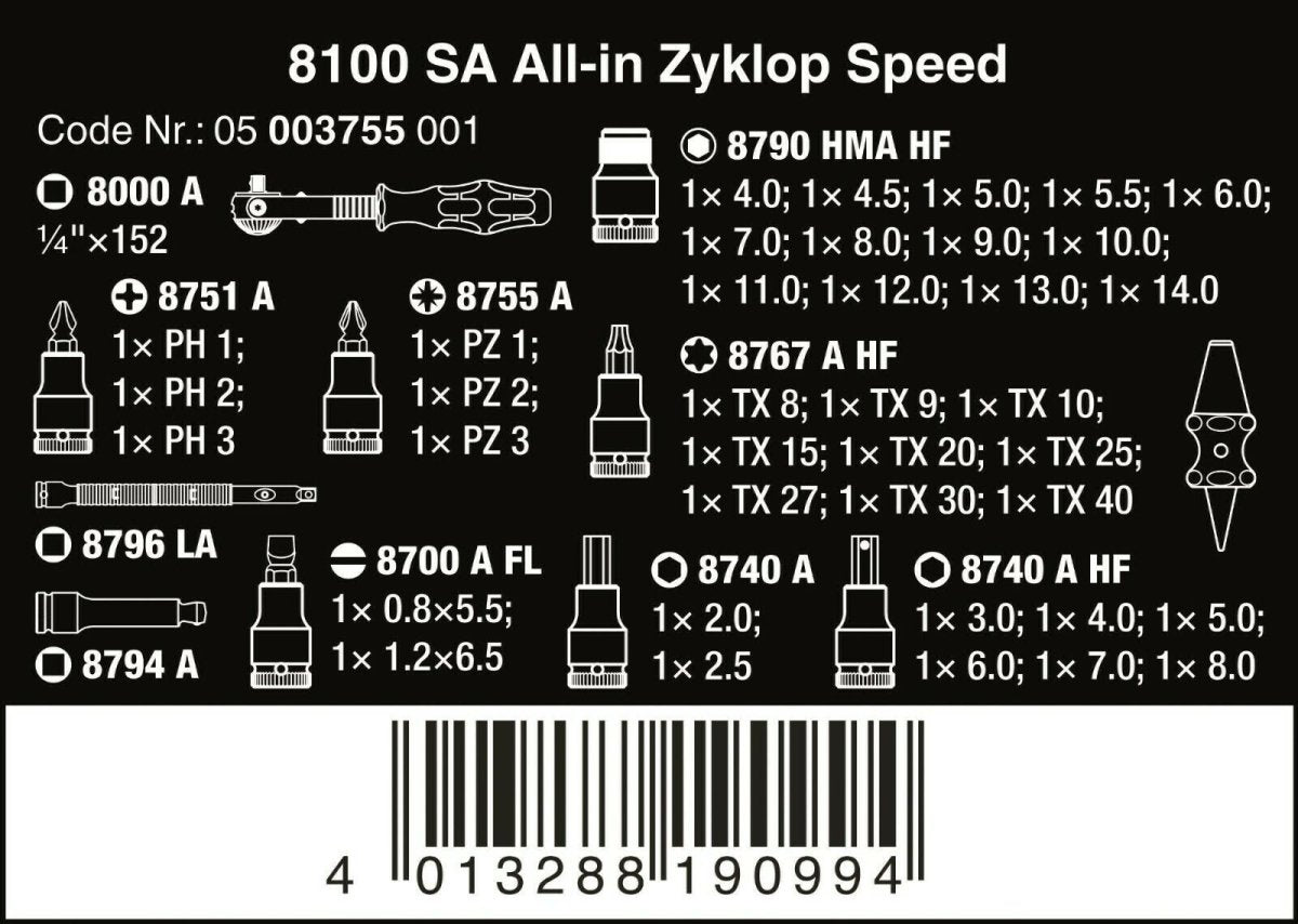 Wera 8100 SA All In Zyklop Speed Ratchet Set HF 1/4" Drive Metric 05003755001