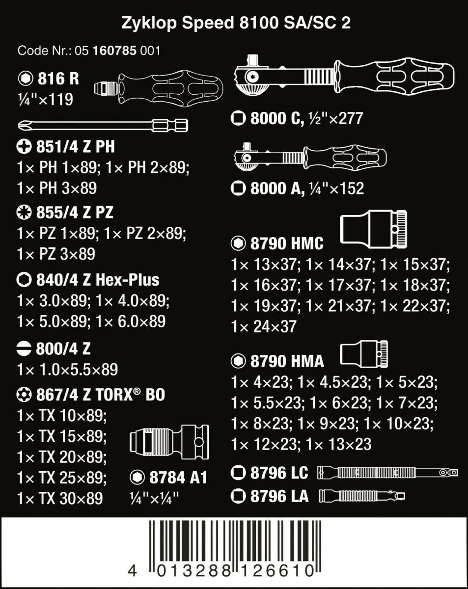 Wera 8100 SA/SC 2 Zyklop Socket Wrench Set 1/4" 1/2" Drive Metric 05160785001