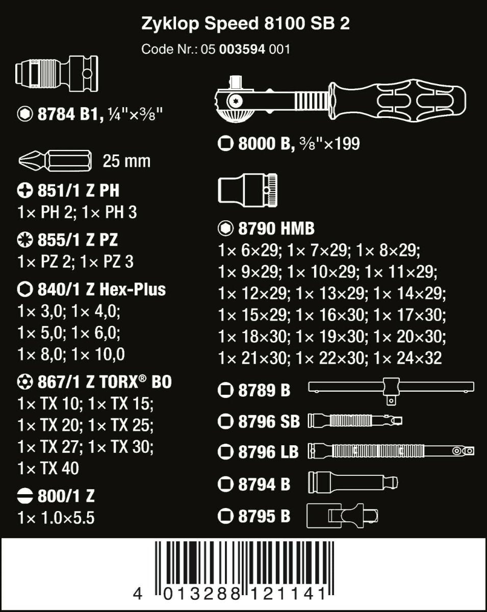Wera 8100 SB 2 Zyklop Socket Wrench Set 3/8" Drive Metric 43 Pieces 05003594001