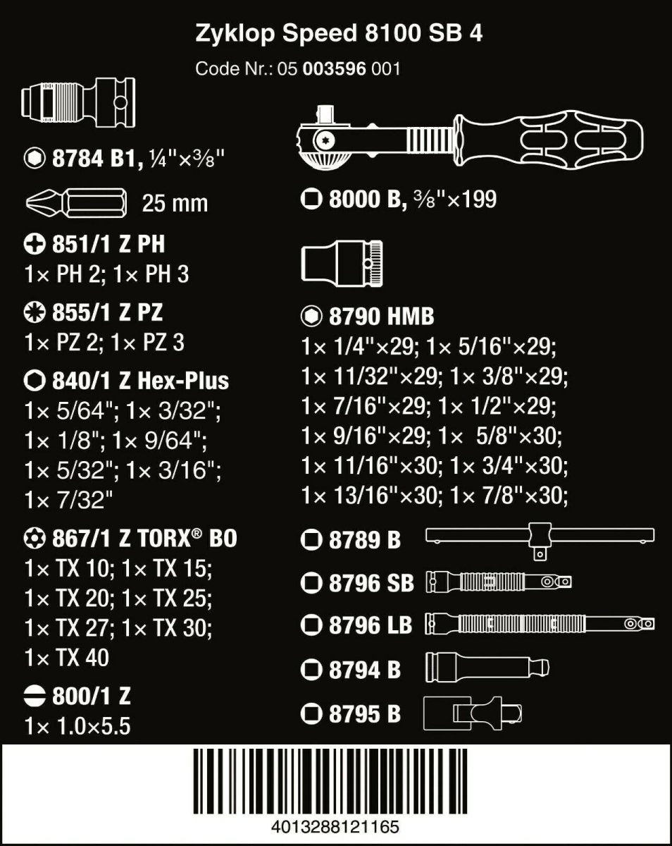 Wera 8100 SB 4 Zyklop Socket Wrench Set 3/8" Drive SAE 38 Pieces 05003596001