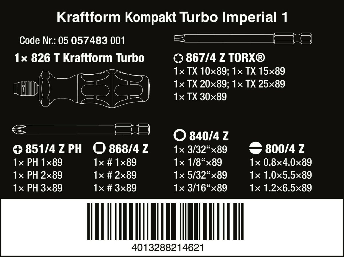 Wera 826 T Kraftform Kompakt Turbo 1 Screwdriver Set 19 Piece SAE 05057483001