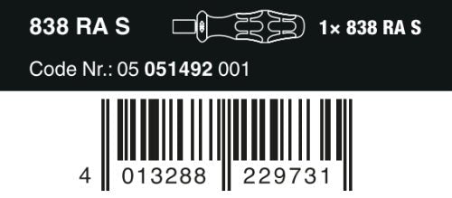 Wera 838 RA S Bitholding Ratcheting Screwdriver 1/4" Drive 05051492001
